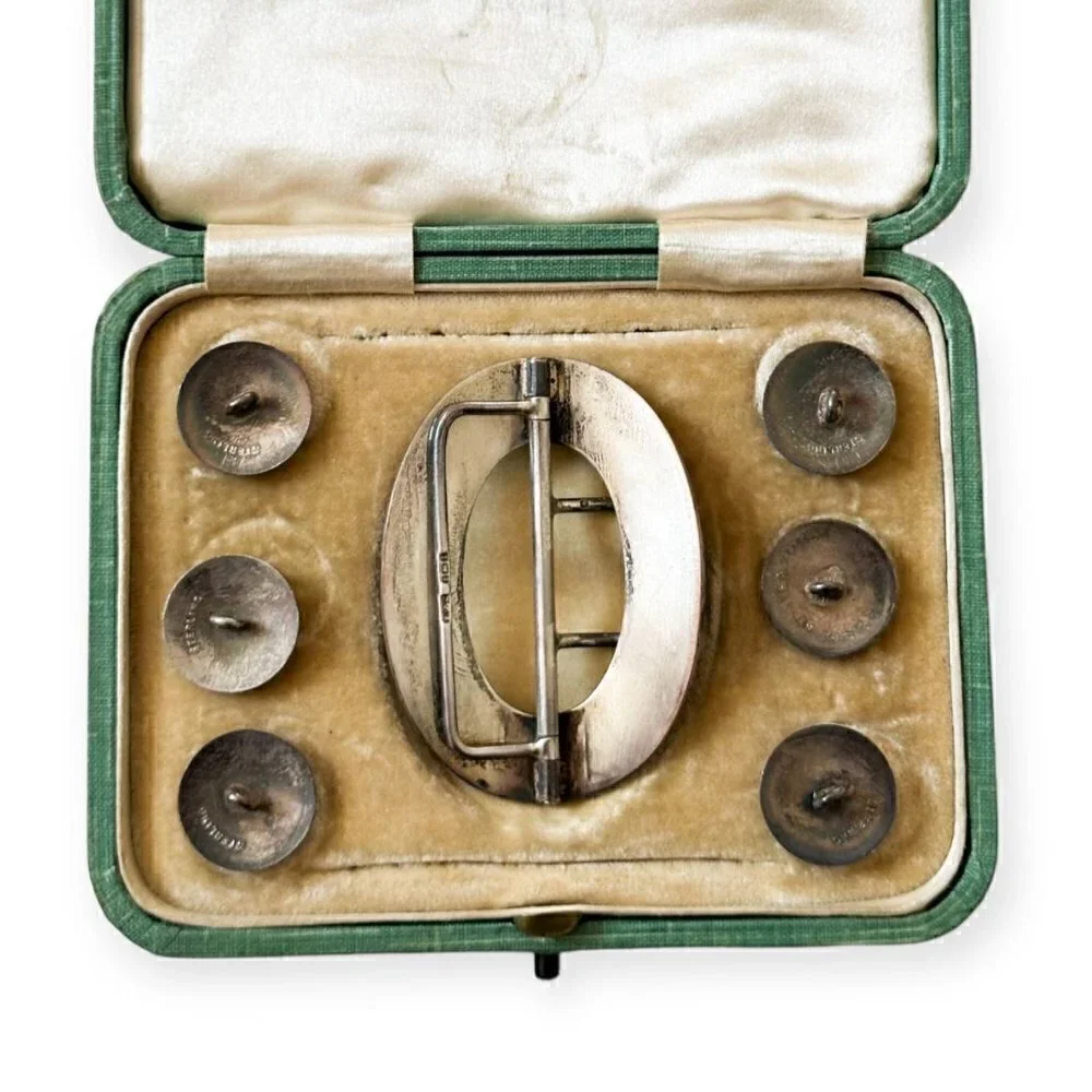 Edwardian Sterling Silver Blue Enamel Buckle and Button Set, Birmingham 1910